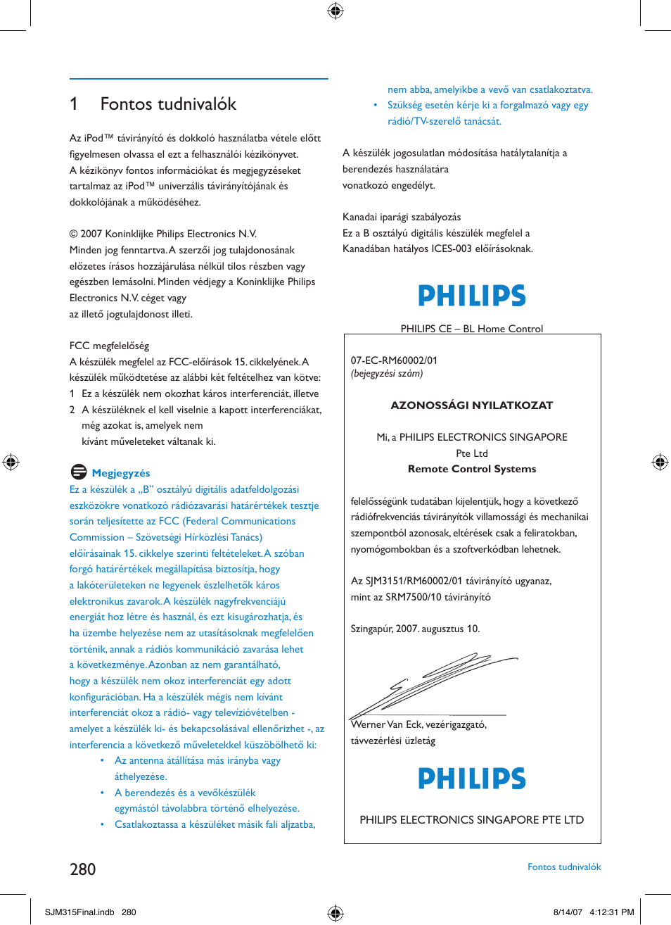 1 fontos tudnivalók | Philips SJM3151 User Manual | Page 280 / 325