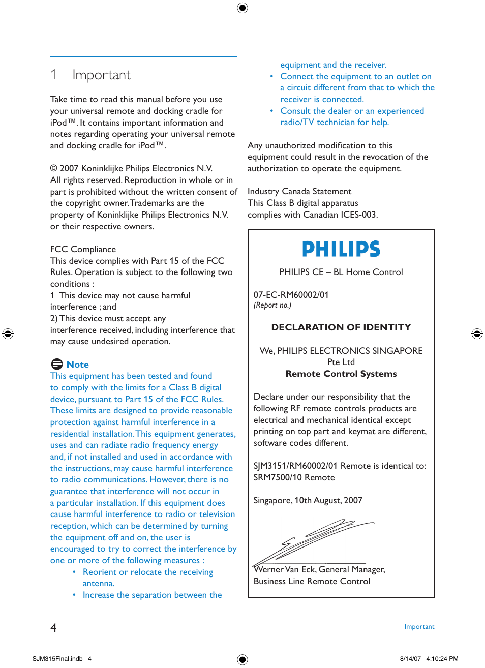1 important | Philips SJM3151 User Manual | Page 4 / 325