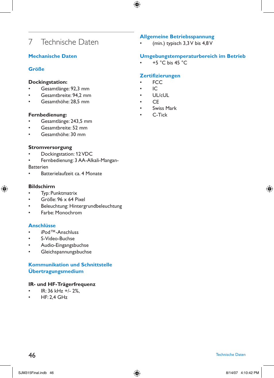 7 technische daten | Philips SJM3151 User Manual | Page 46 / 325