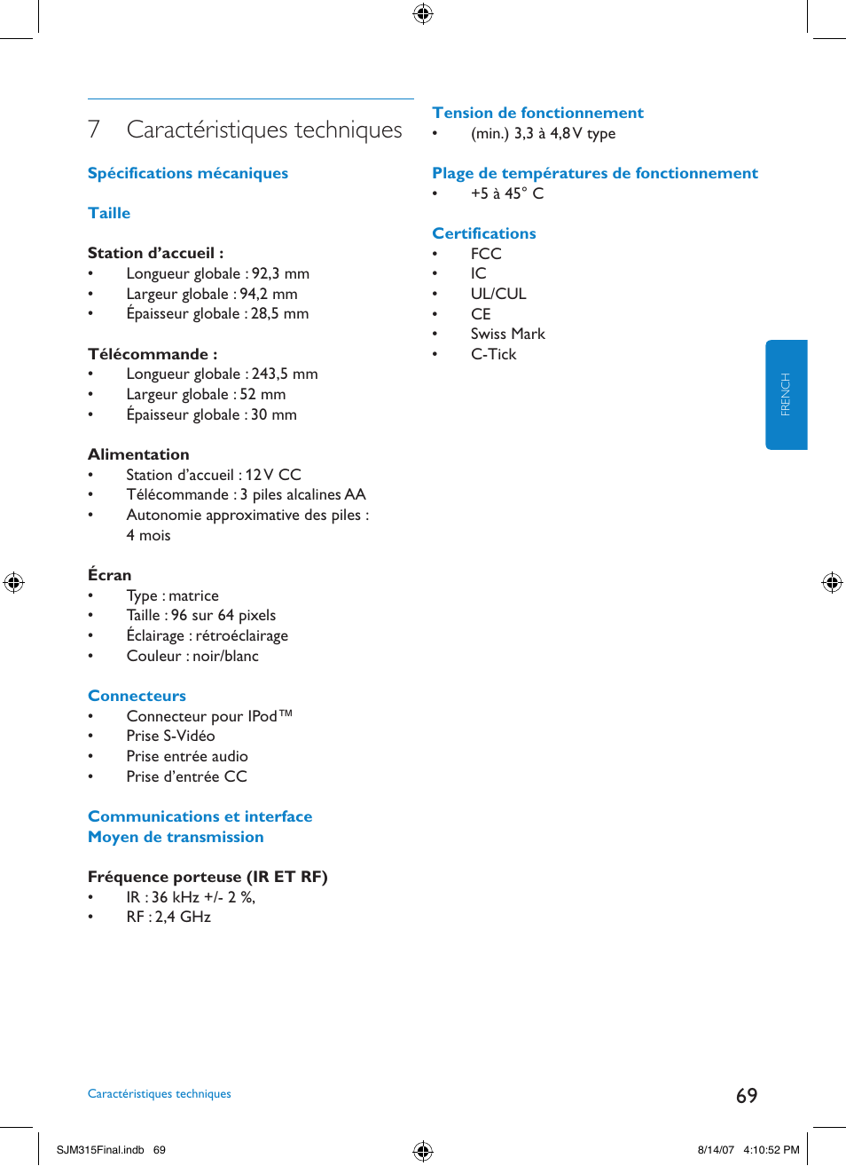 7 caractéristiques techniques | Philips SJM3151 User Manual | Page 69 / 325