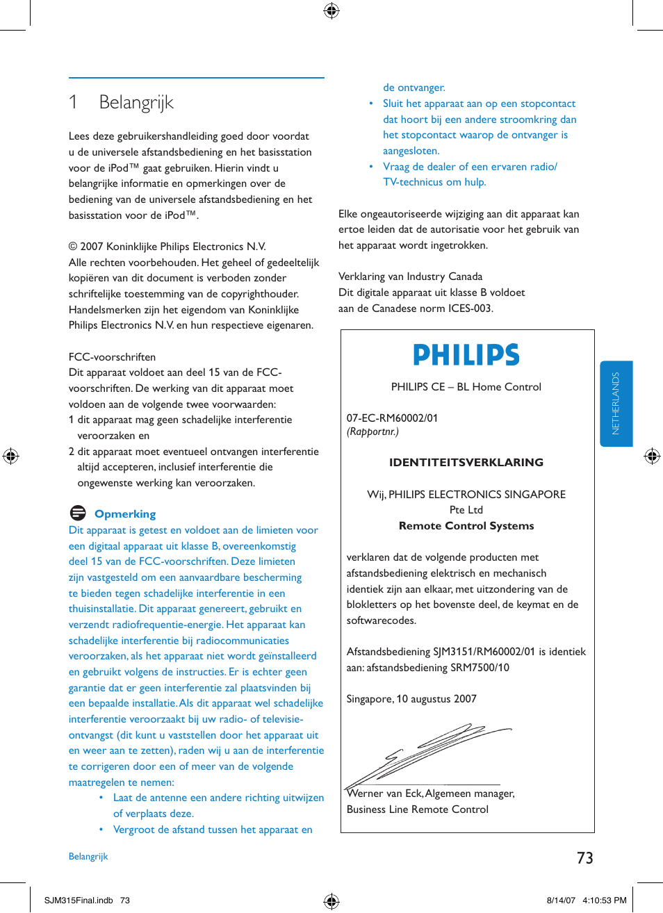 1 belangrijk | Philips SJM3151 User Manual | Page 73 / 325