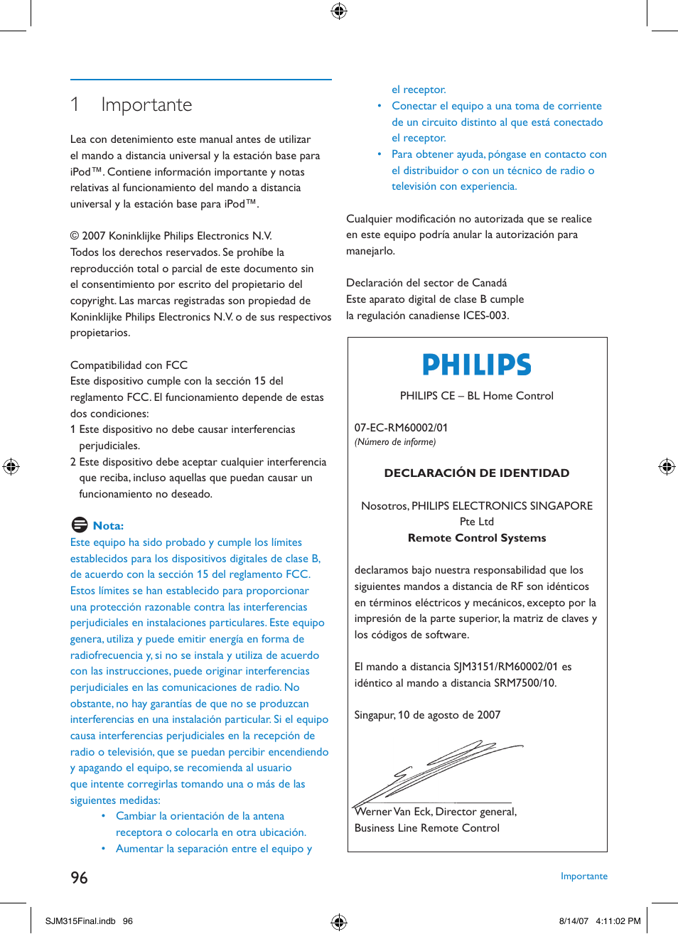 1 importante | Philips SJM3151 User Manual | Page 96 / 325