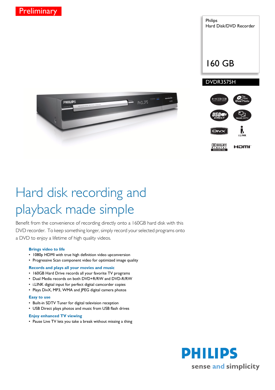 Philips DVDR3575H/ User Manual | 2 pages