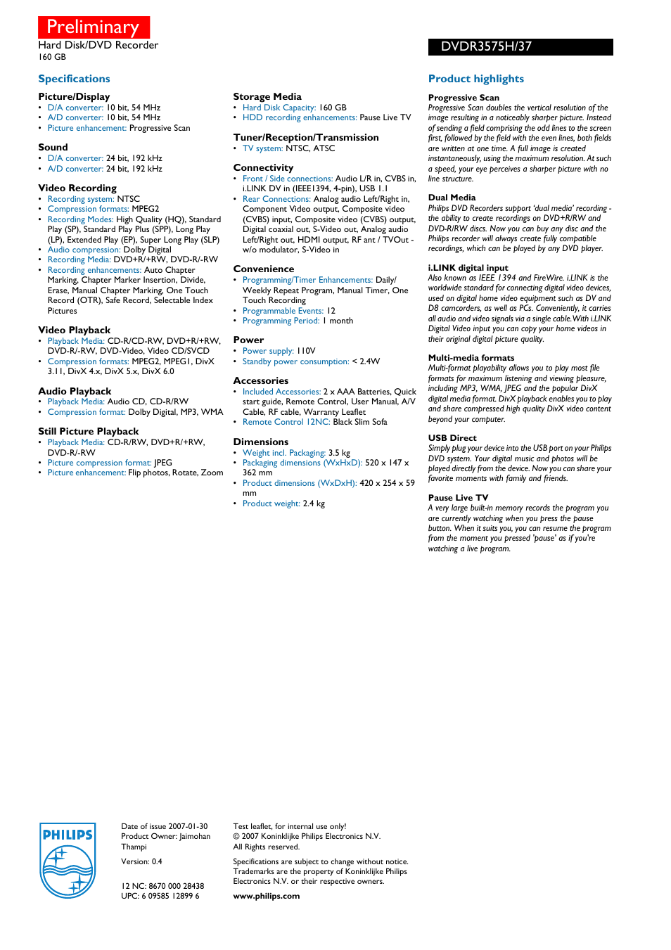 Preliminary | Philips DVDR3575H/ User Manual | Page 2 / 2