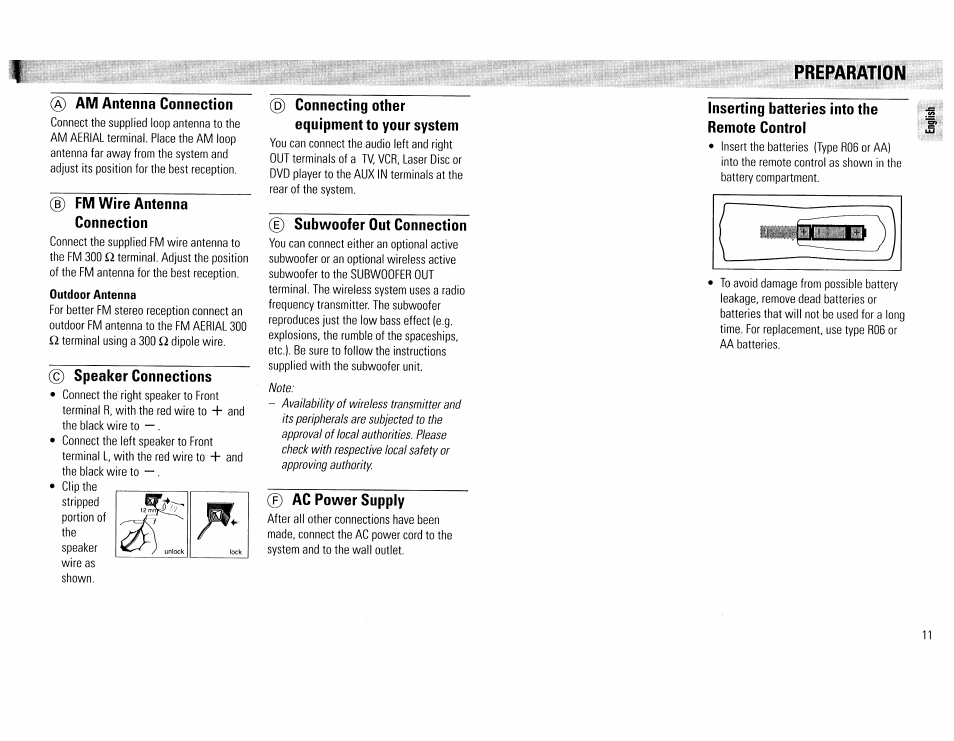 Am antenna connection, Fm wire antenna connection, Outdoor antenna | Speaker connections, Connecting other, Equipment to your system, E) subwoofer out connection, 0 ac power supply, Inserting batteries into the remote control, Preparation | Philips FW390C User Manual | Page 11 / 74