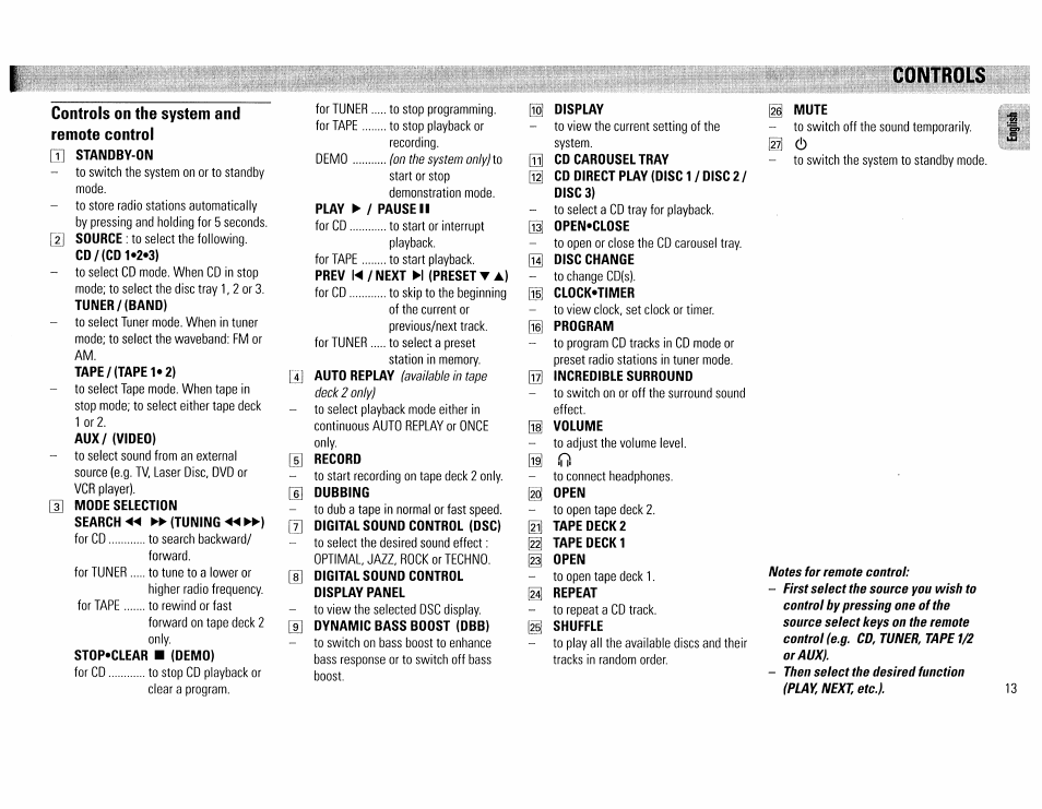 Cd/(gdi •2*3), Tape/(tape 1*2), Aux/ (video) | 3] mode selection, Search ◄◄ ►► (tuning ◄◄►►), Stop*clear ■ (demo), Prev n / next ►! (preset t a), 5] record, 6] dubbing, 7] digital sound control (dsc) | Philips FW390C User Manual | Page 13 / 74