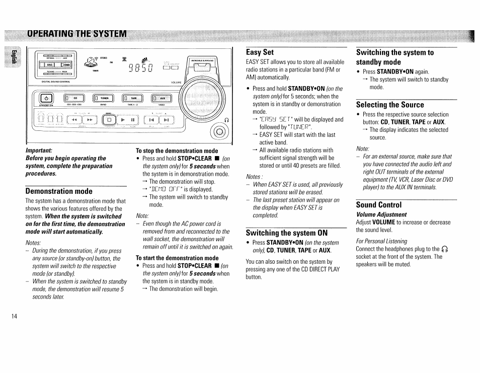 Demonstration mode, To stop the demonstration mode, To start the demonstration mode | Easy set, Switching the system on, Switching the system to standby mode, Selecting the source, Sound control, Operating the system | Philips FW390C User Manual | Page 14 / 74