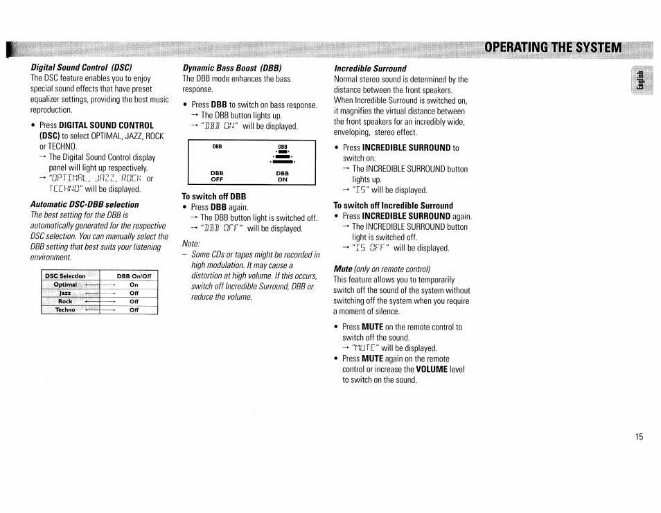 Operating the system, To switch off dbb, To switch off incredible surround | Philips FW390C User Manual | Page 15 / 74