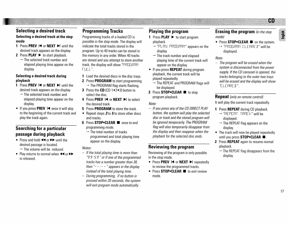 Selecting a desired track, Searching for a particular passage during playback, Programming tracks | Playing the program, Reviewing the program, Erasing the program (in the stop mode) | Philips FW390C User Manual | Page 17 / 74