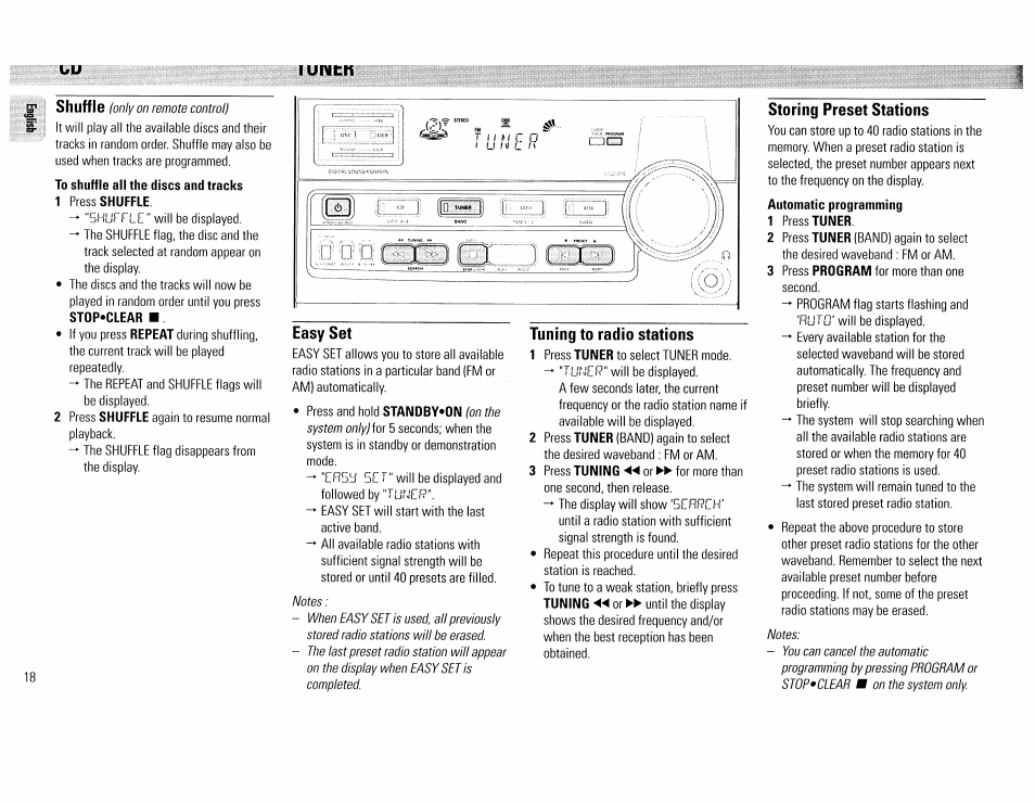 To shuffle all the discs and tracks, 1 press shuffle, Easy set | Tuning to radio stations, Storing preset stations, Automatic programming, 1 press tuner, Jfjqqg | Philips FW390C User Manual | Page 18 / 74