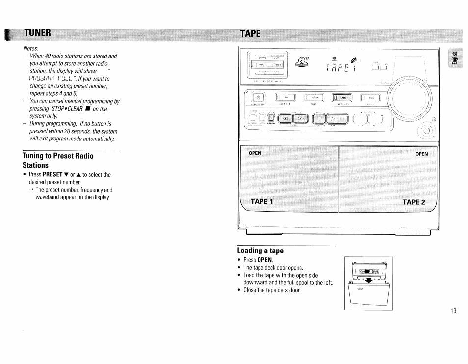 Tuning to preset radio stations, Loading a tape, Tape | Tuner | Philips FW390C User Manual | Page 19 / 74