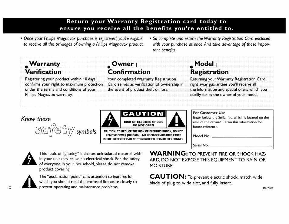 Warranty i verification, Owner i confirmation, Model i registration | Warning, Caution | Philips FW390C User Manual | Page 2 / 74