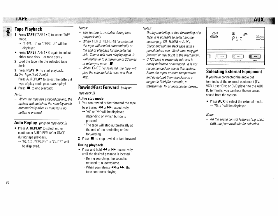 Tape playback, Rewind/fast forward (only on, Selecting external equipment | I art | Philips FW390C User Manual | Page 20 / 74
