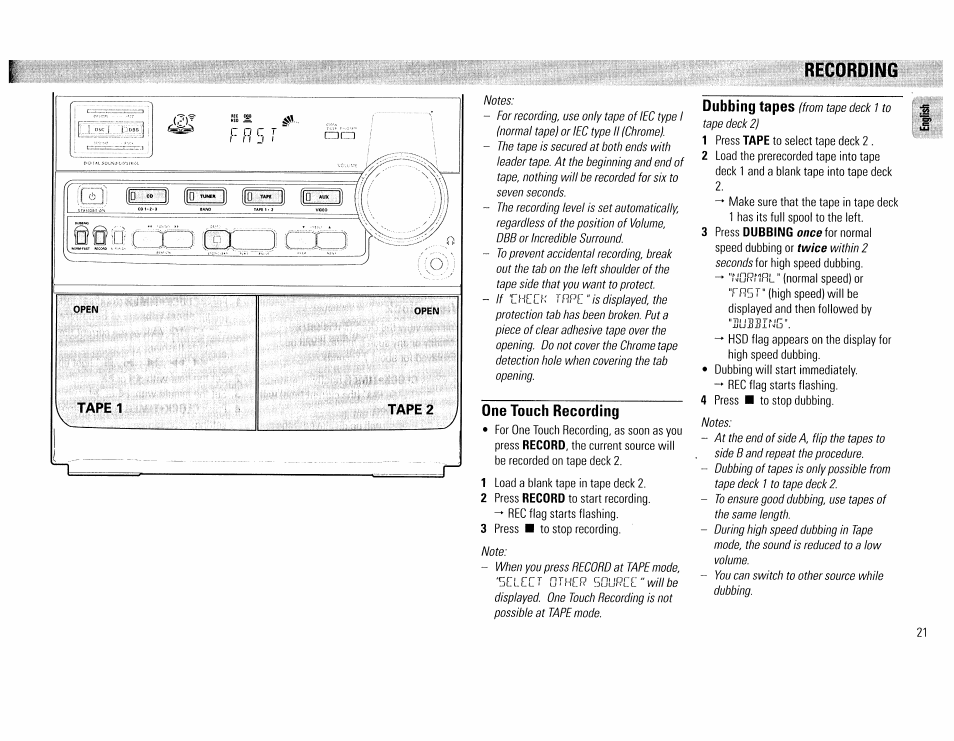 Recording, One touch recording | Philips FW390C User Manual | Page 21 / 74