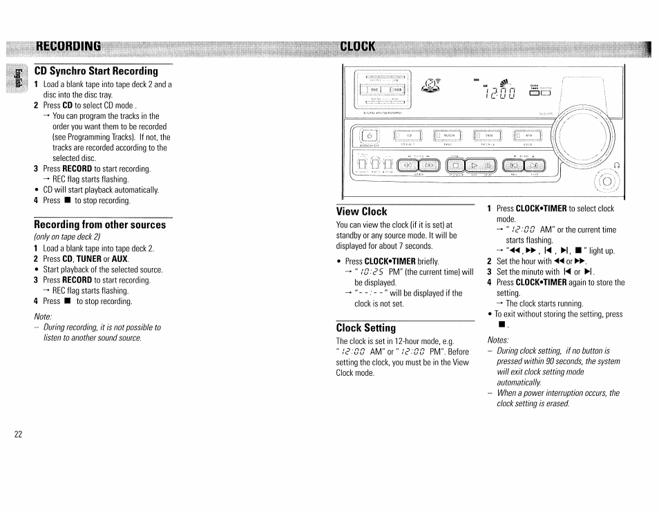 Cd synchro start recording, Recording from other sources, Clock setting | Recording clock | Philips FW390C User Manual | Page 22 / 74