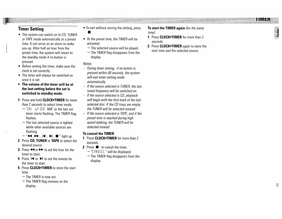 Timer setting, To cancel the timer | Philips FW390C User Manual | Page 23 / 74