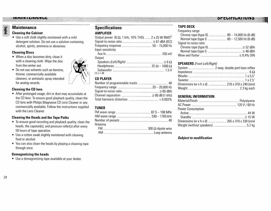 Maintenance, Specifications, Orcuinuaiiurad | Philips FW390C User Manual | Page 24 / 74