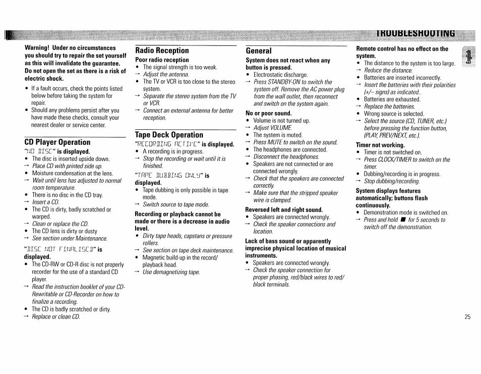 Radio reception, Tape deck operation, Displayed | General, Thuubleshuuting, Remote control has no effect on the system | Philips FW390C User Manual | Page 25 / 74