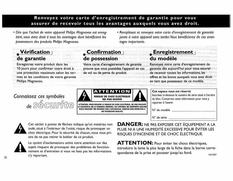 Vérification i de garantie, Confirmation i de possession, Enregistrement i du modèle | Danger, Attention, Connaissez ces symboles de | Philips FW390C User Manual | Page 26 / 74