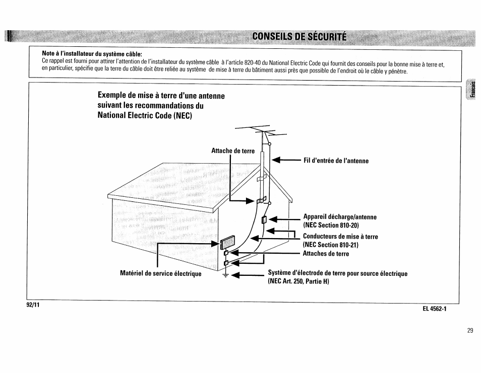 Conseils de securite, Note à l'installateur du système câble, El 4562-1 | Philips FW390C User Manual | Page 29 / 74