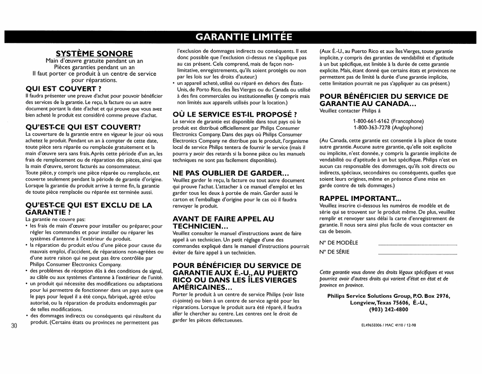 Garantie limitee, Systeme sonore | Philips FW390C User Manual | Page 30 / 74