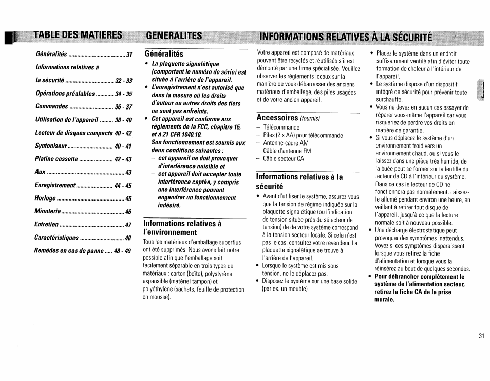 Généralités, Informations relatives à l'environnement, Accessoires (fournis) | Informations relatives à la sécurité, Vtable des matieres, Generalites informations reutives à la sécurité | Philips FW390C User Manual | Page 31 / 74