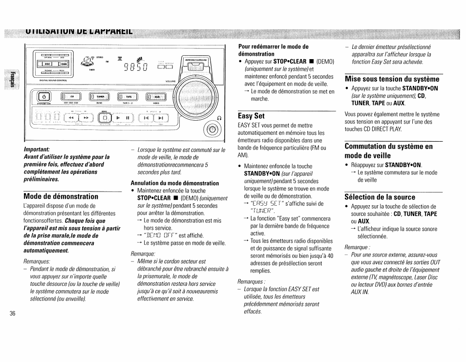 Mode de démonstration, Annulation du mode démonstration, Pour redémarrer le mode de démonstration | Easy set, Mise sous tension du système, Commutation du système en mode de veille, Sélection de la source, I ilidmi iura, Lmrrakeil, 0 il [|0 |] ilo il (¡0 ”” il | Philips FW390C User Manual | Page 36 / 74