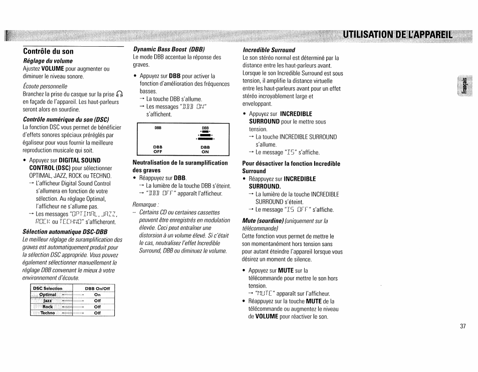 Utilisation de l'appareil, Contrôle du son, Neutralisation de la suramplification | Pour désactiver la fonction incredible surround | Philips FW390C User Manual | Page 37 / 74