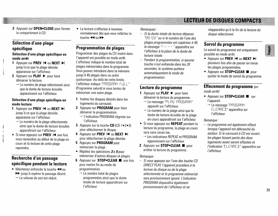 Lcip i cull lie tllbilluco ituivipaii' i «i, Sélection d'une plage spécifique, Programmation de plages | Lecture du programme, Survol du programme, Effacement du programme (en, I cull lie tllbilluco ituivipaii' i «i, Effacement du programme | Philips FW390C User Manual | Page 39 / 74