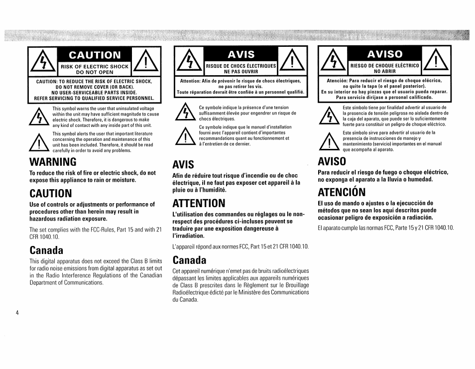 Warning, Caution, Canada | Avis, Ahention, Aviso, Atención | Philips FW390C User Manual | Page 4 / 74