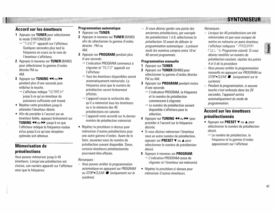 Syntoniseur, Accord sur les émetteurs, Mémorisation de présélections | Programmation automatique, Accord sur les émetteurs présélectionnés, Syntoniseur - 41 | Philips FW390C User Manual | Page 41 / 74