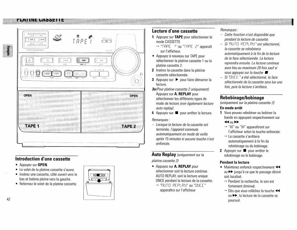 Introduction d'une cassette, Lecture d'une cassette, Rebobinage/bobinage | Pendant la lecture | Philips FW390C User Manual | Page 42 / 74