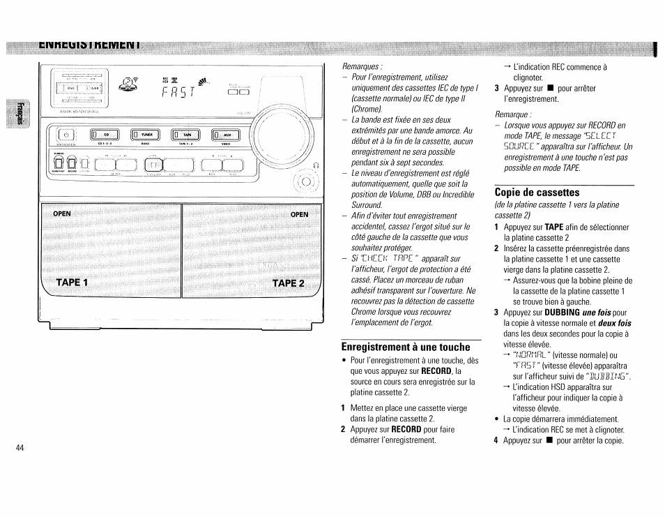 Enregistrement à une touche, Copie de cassettes, Cnncibid i ninnerai | Philips FW390C User Manual | Page 44 / 74