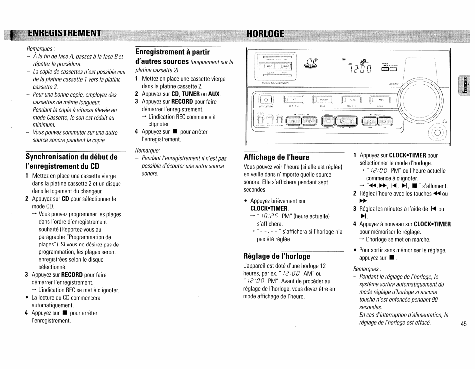 Synchronisation du début de ■'enregistrement du cd, Affichage de l'heure, Réglage de l'horloge | Horloge, I enregistrement | Philips FW390C User Manual | Page 45 / 74