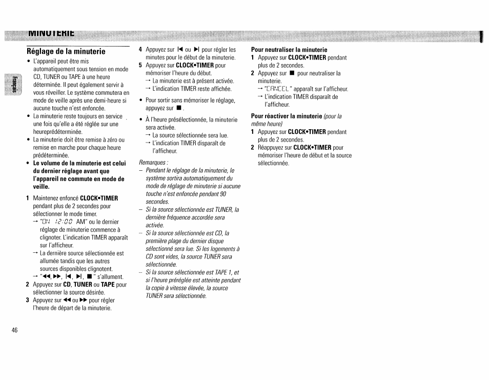 Réglage de la minuterie, Pour neutraliser la minuterie | Philips FW390C User Manual | Page 46 / 74