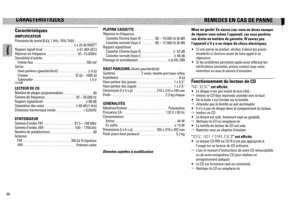 Uakautfckistiuuts, Caractéristiques, Remedes en cas de panne | Mise en garde! en aucun cas, vous ne devez essayer, Fonctionnement du lecteur de cd, Si5îi nut rinreigcd" est affiché | Philips FW390C User Manual | Page 48 / 74