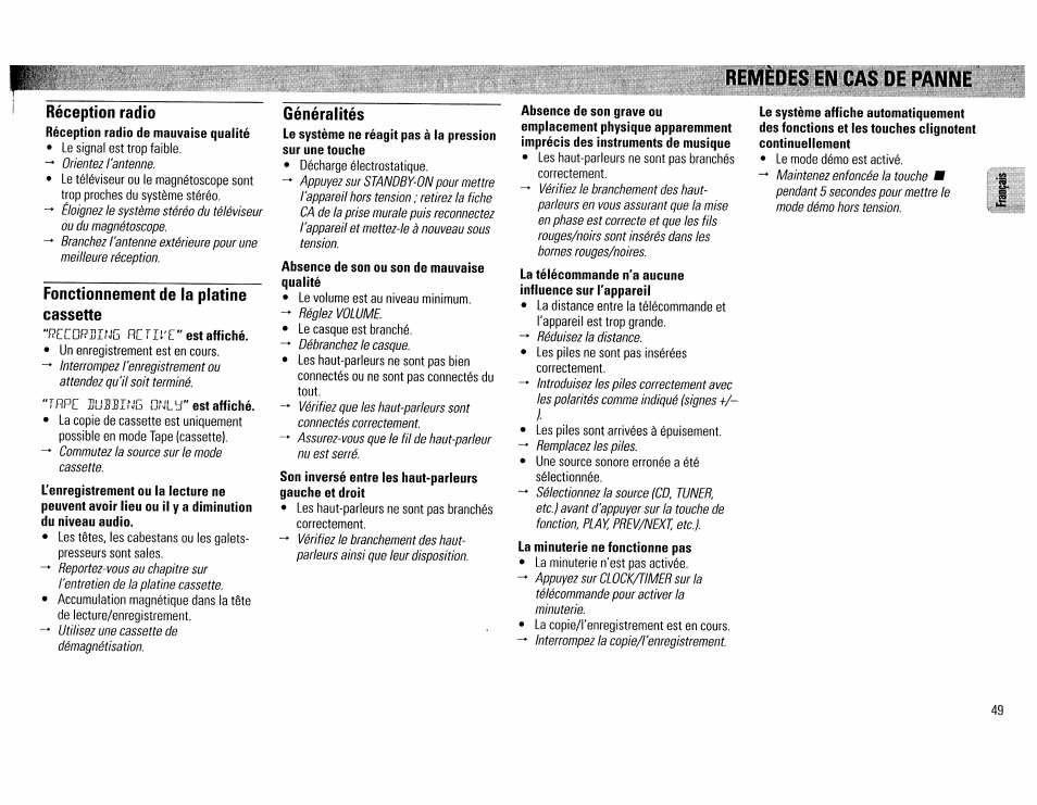 Réception radio, Fonctionnement de la platine cassette, Généralités | Remèdes en cas de panne | Philips FW390C User Manual | Page 49 / 74