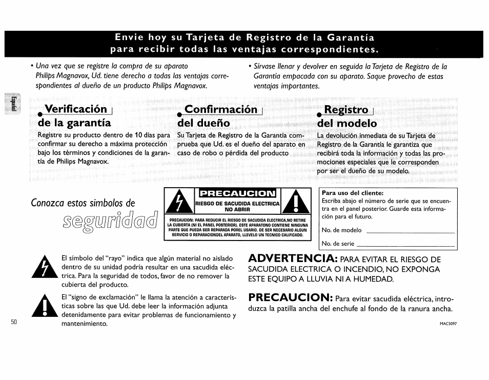 Verificación i de la garantía, Confirmación i del dueño, Registro i del modelo | Registro, Del modelo, Advertencia, Precaucion | Philips FW390C User Manual | Page 50 / 74