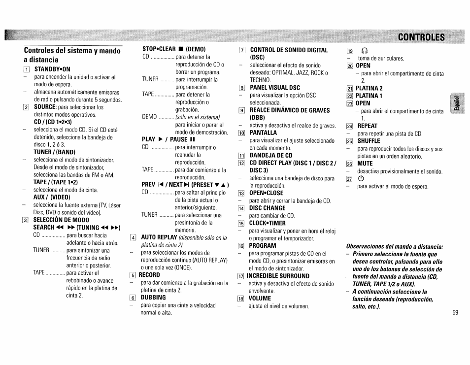 Controles | Philips FW390C User Manual | Page 59 / 74