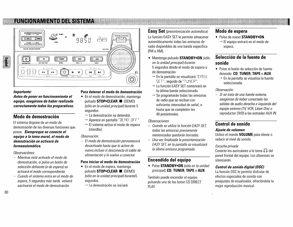 Funcionamiento del sistema, Modo de demostración, Para iniciar ei modo de demostración | Encendido del equipo, Modo de espera, Selección de la fuente de sonido, Control de sonido | Philips FW390C User Manual | Page 60 / 74