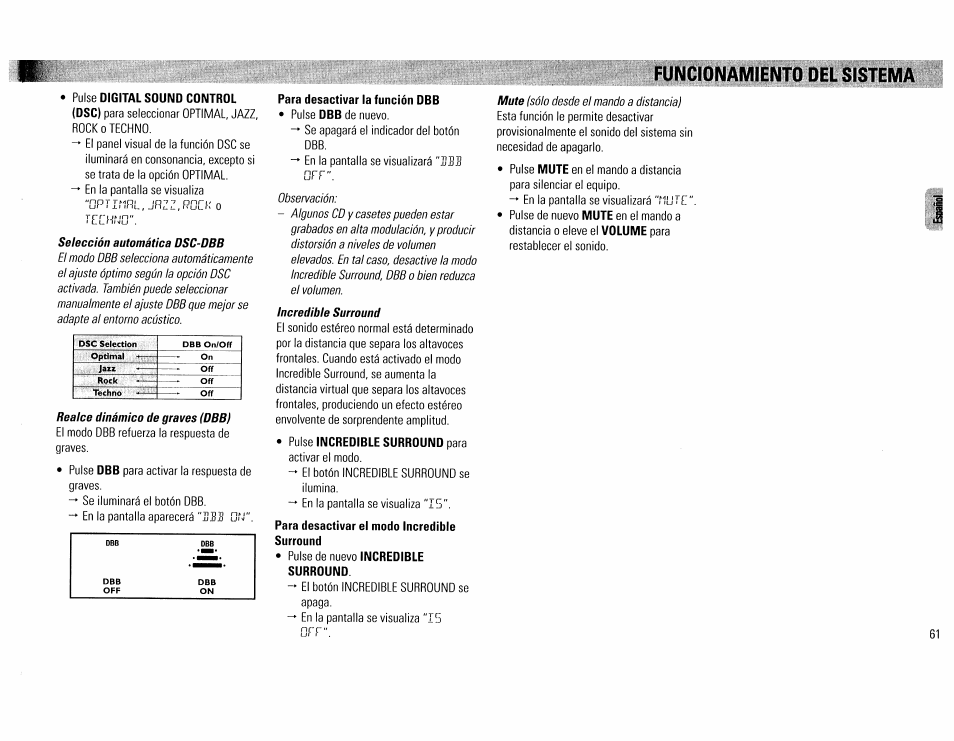 Pulse digital sound control, Para desactivar la función dbb, Para desactivar el modo incredible surround | Funcionamiento oel sistema | Philips FW390C User Manual | Page 61 / 74