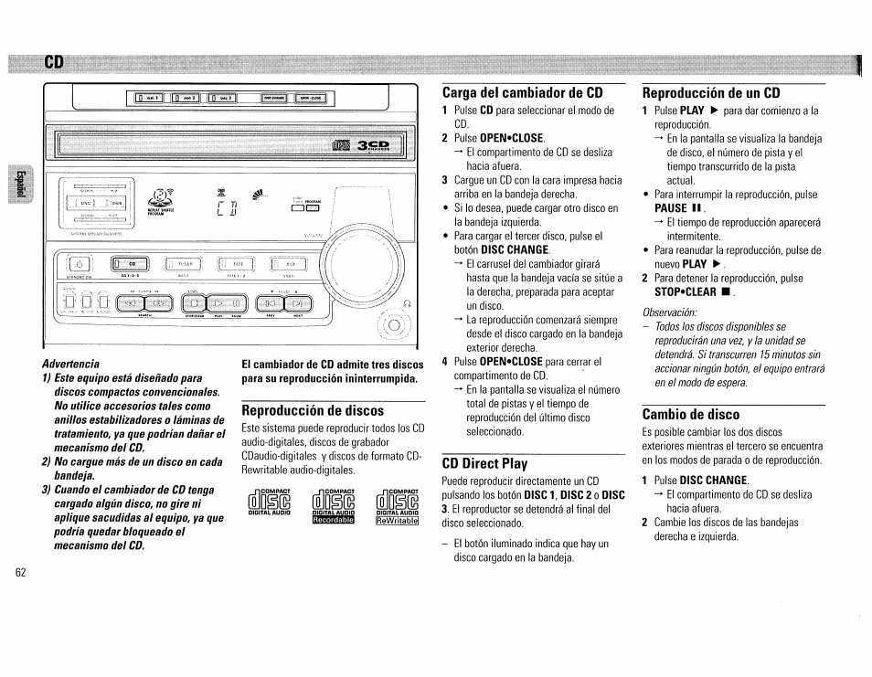 Reproducción de discos, Carga del cambiador de cd, 2 pulse open'close | Cd direct play, Reproducción de un cd, Cambio de disco, 1 pulse disc change, D§© ш, Е (ш | Philips FW390C User Manual | Page 62 / 74