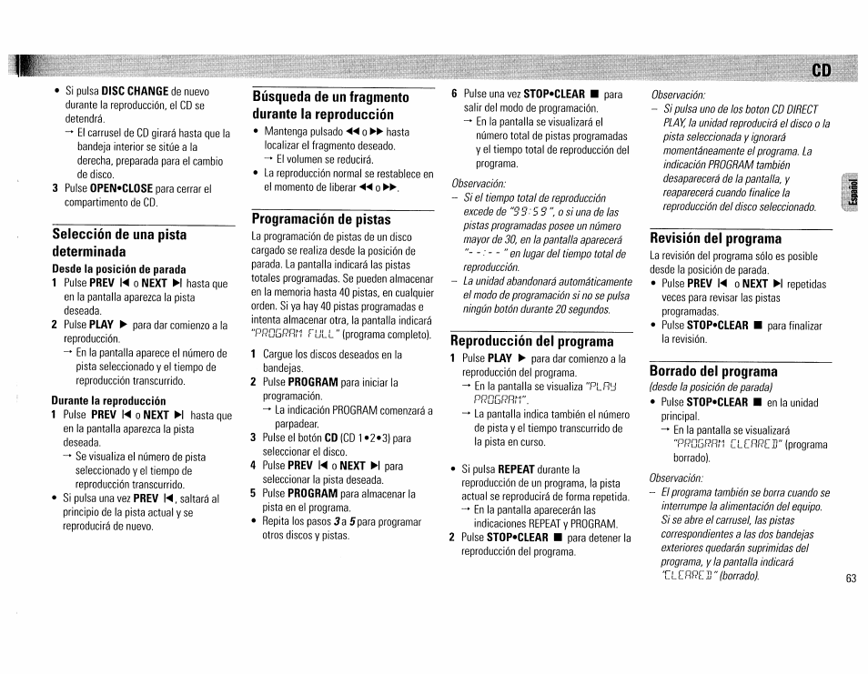 Selección de una pista determinada, Búsqueda de un fragmento durante la reproducción, Programación de pistas | Reproducción del programa, Revisión del programa, Borrado del programa, Cd -64 | Philips FW390C User Manual | Page 63 / 74