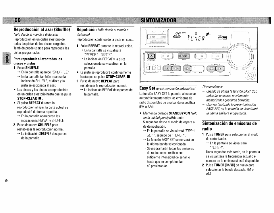 Sintonizador, Reproducción al azar (shuffie), Sintonización de emisoras de radio | Sintonizador - 65 | Philips FW390C User Manual | Page 64 / 74