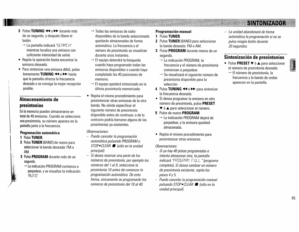 Almacenamiento de presintonías, Programación automática, 1 pulse tuner | Programación manual | Philips FW390C User Manual | Page 65 / 74