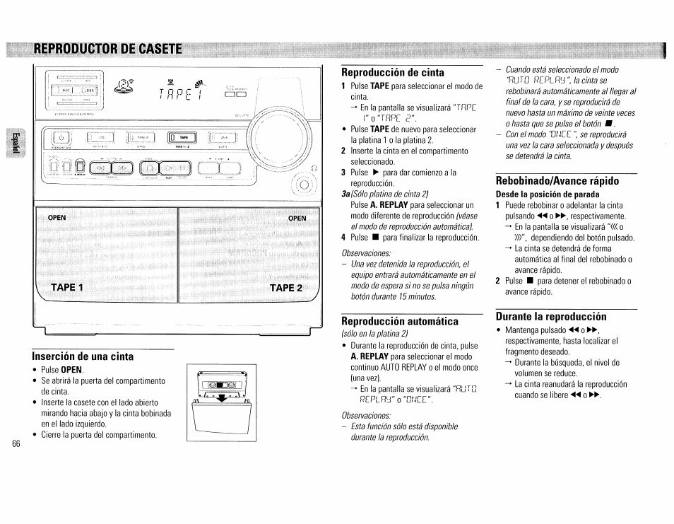 Reproductor de casete, Inserción de una cinta, Reproducción de cinta | Reproducción automática, Rebobinado/avance rápido, Durante la reproducción | Philips FW390C User Manual | Page 66 / 74