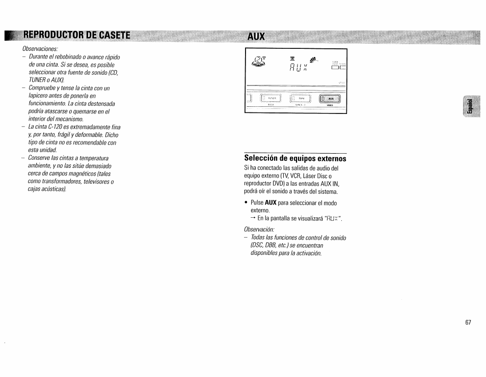 Reproductor de casete, Selección de equipos externos, Reproductor de casete aux | Philips FW390C User Manual | Page 67 / 74