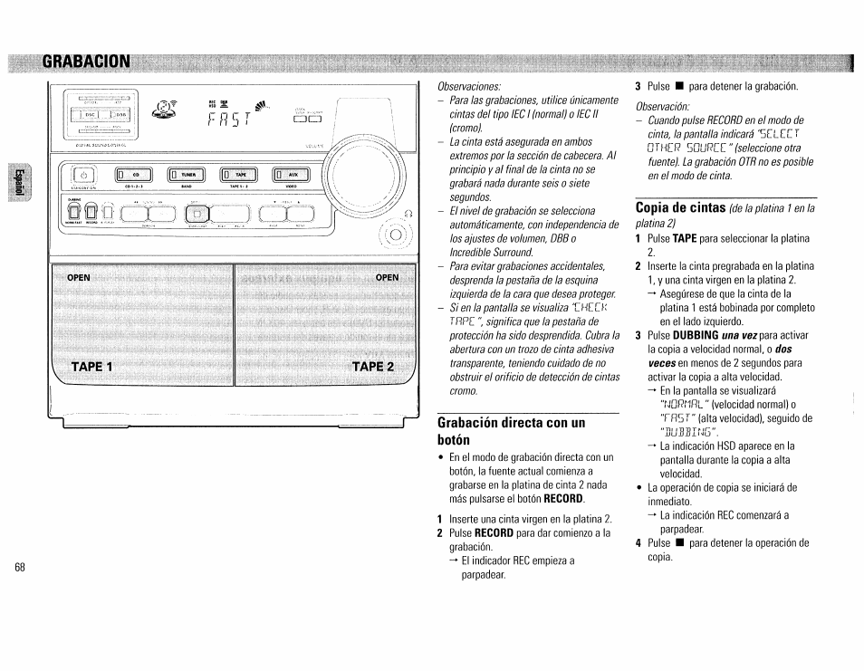 Grabacion, Grabación directa con un botón, Grabación -69 | Philips FW390C User Manual | Page 68 / 74