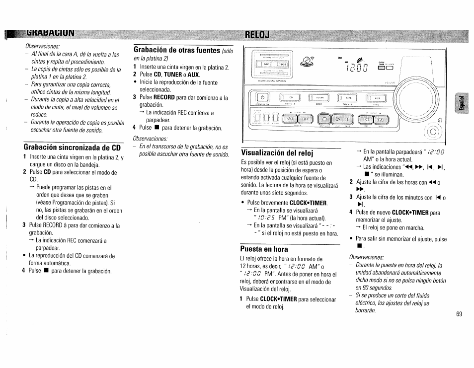 Grabación sincronizada de cd, Visualización del reloj, Puesta en hora | Reloj, Llikabamon | Philips FW390C User Manual | Page 69 / 74