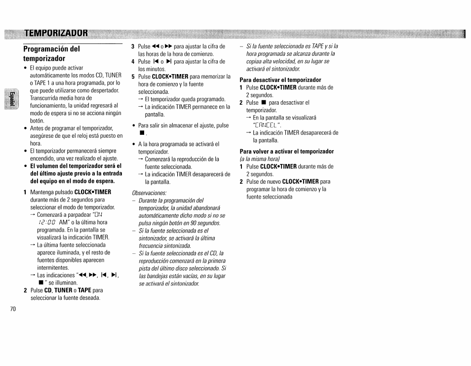 Programación del temporizador, Temporizador | Philips FW390C User Manual | Page 70 / 74